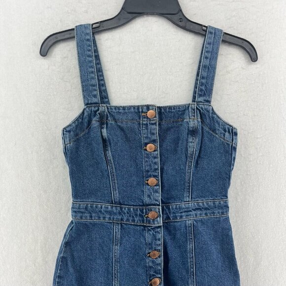 River Island Overall Dress Women's 4 Blue Denim Sleeveless Button Front Raw Hem - Picture 6 of 12